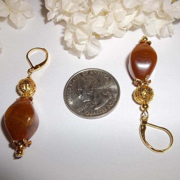 Brown Beaded Earring Set Handmade NWT Jewelry Dangle Drop Gold Toned Pair 4136 - Picture 3 of 7